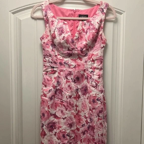 Adrianna Papell ❤️Pink Flowers on White ❤️Midi Dress ❤️Size 8 - Picture 1 of 6
